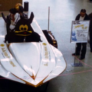 The Yard Birds grag boat on display in the Chealis store.