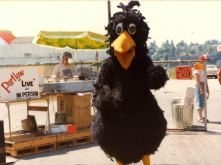 The Yard Bird mascot with local radio DJ Partlow